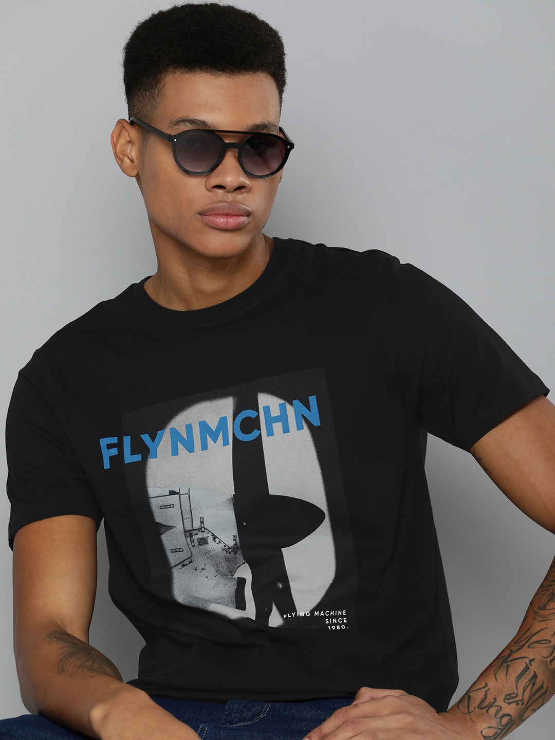 

Flying Machine Pure Cotton Graphic Printed T-shirt, Black