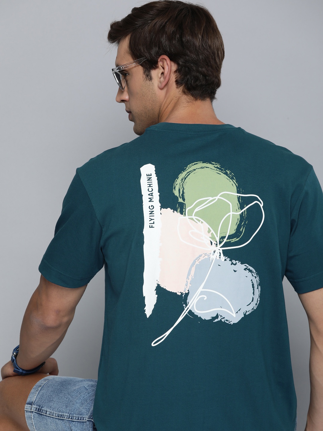 

Flying Machine Graphic Printed Drop-Shoulder Sleeves Pure Cotton Oversized T-shirt, Teal