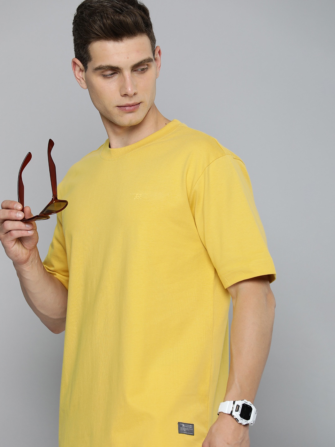 

Flying Machine Pure Cotton Drop-Shoulder Sleeves Oversized T-shirt, Yellow
