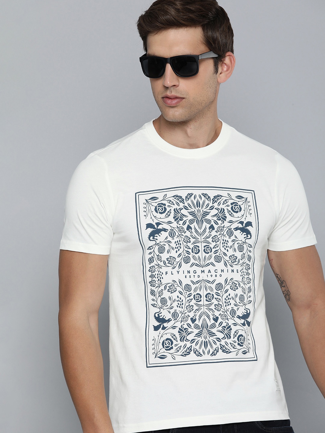 

Flying Machine Men Printed Pure Cotton T-shirt, White