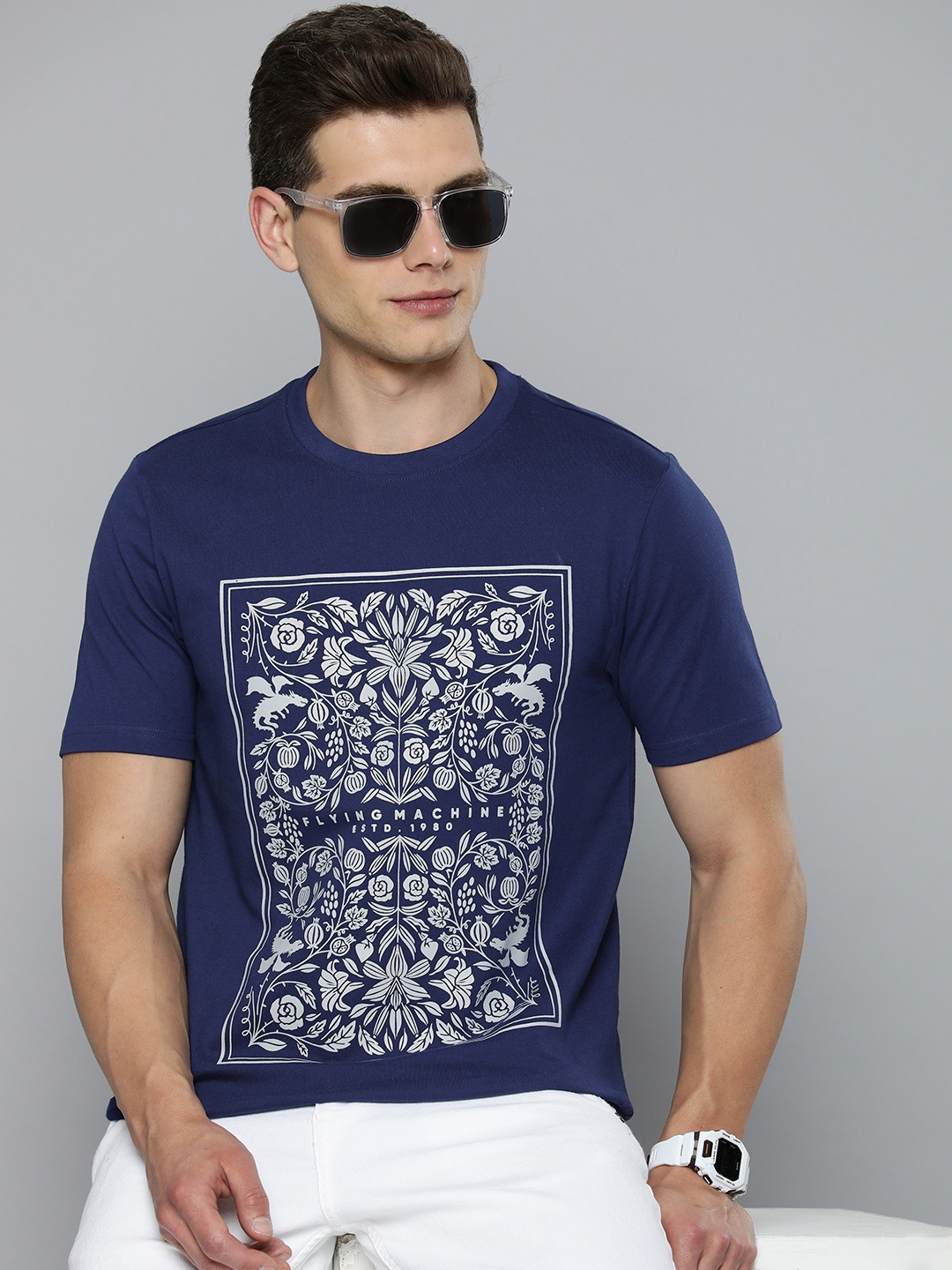 

Flying Machine Pure Cotton Graphic Printed T-shirt, Blue