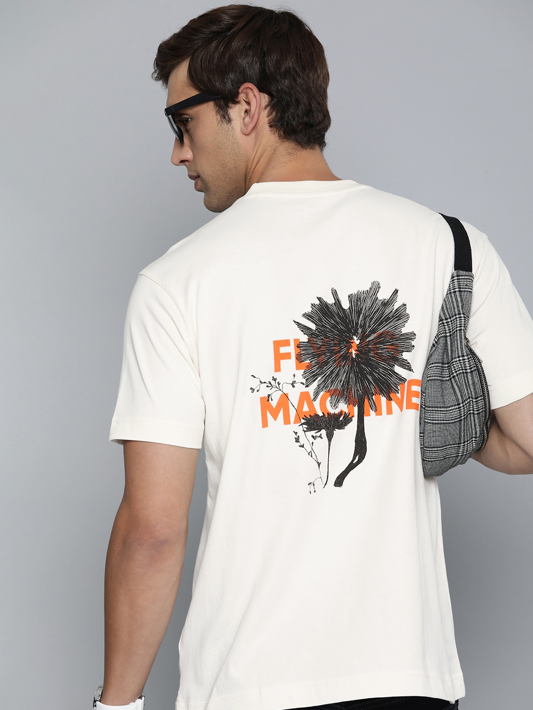 

Flying Machine Men Brand Logo Printed Pure Cotton Oversized T-shirt, Off white
