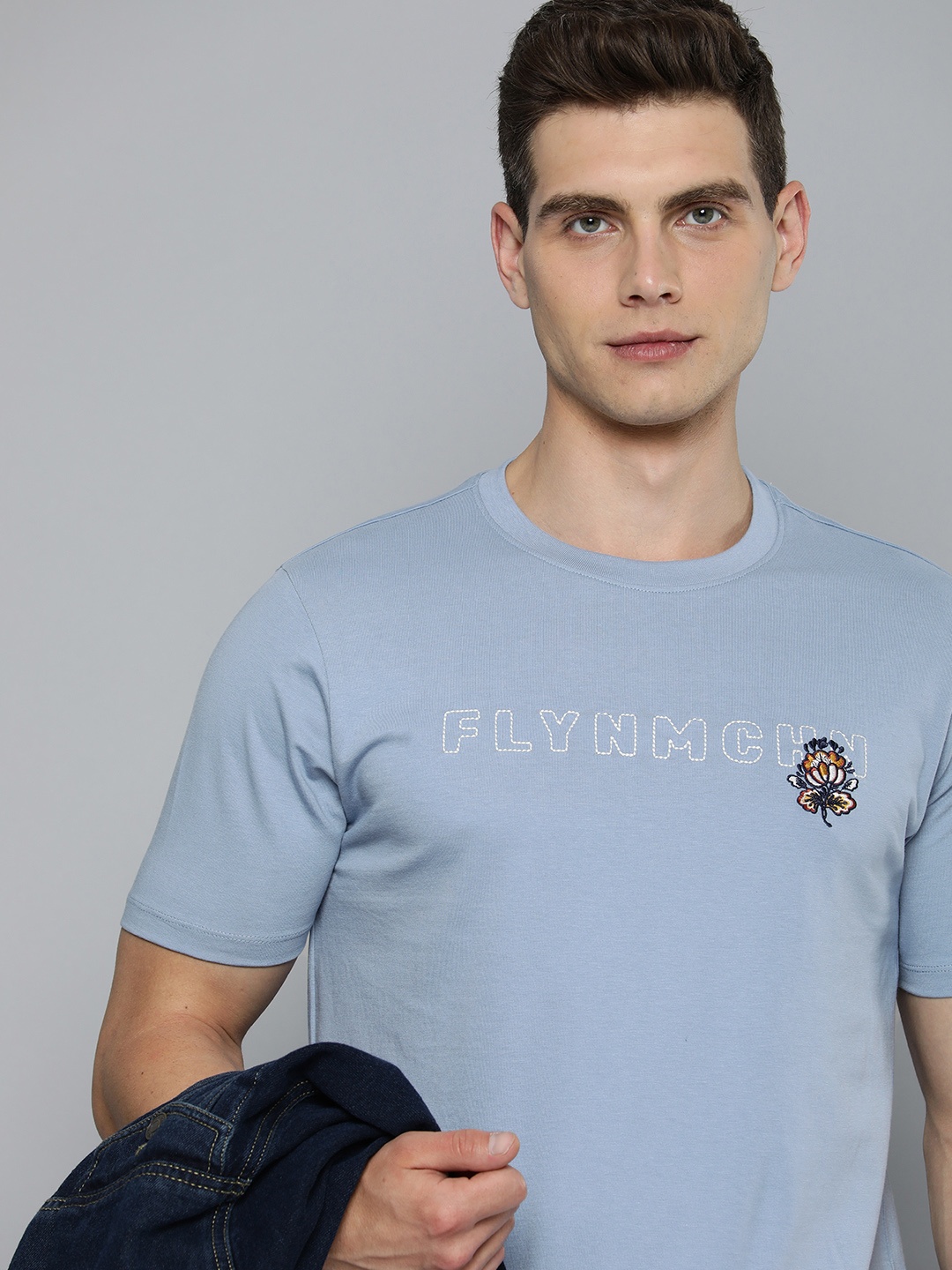 

Flying Machine Pure Cotton Brand Logo Embroidered Casual T-shirt, Blue
