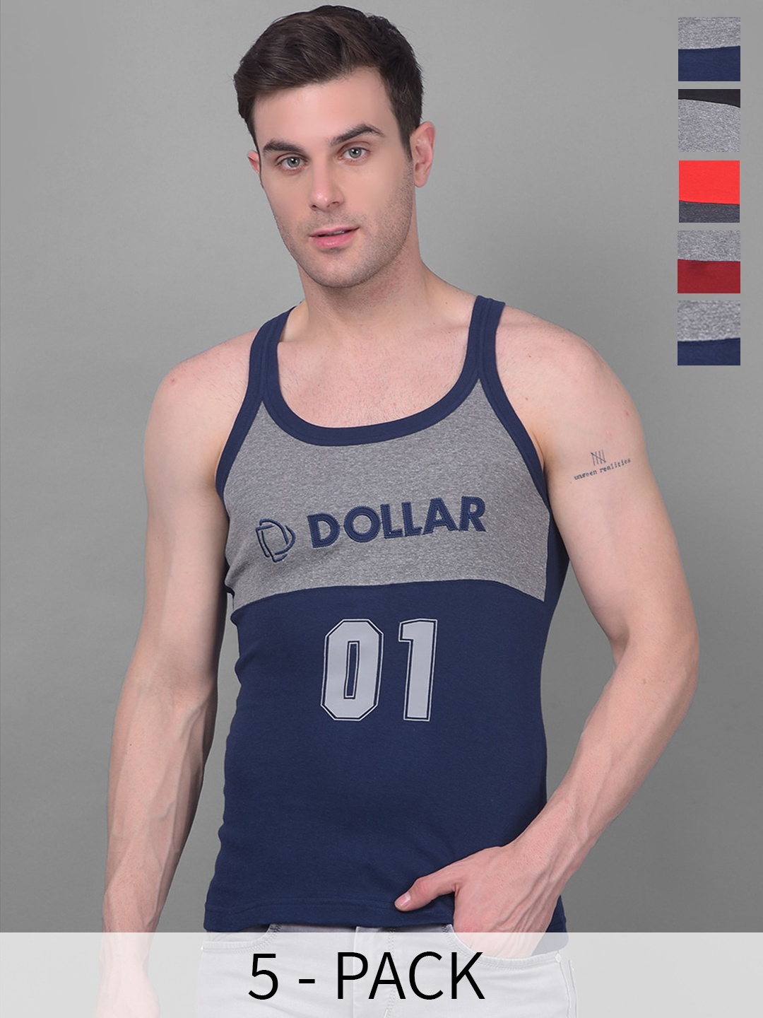 

Dollar Bigboss Pack of 5 Assorted Cotton Racerback Styled Gym Vests MBB-17-PO5-S24
