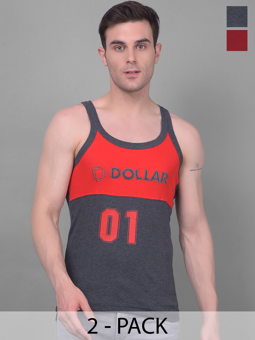 

Dollar Bigboss Men Solid Pack of 2 Cotton Racerback Styled Gym Vest, Grey