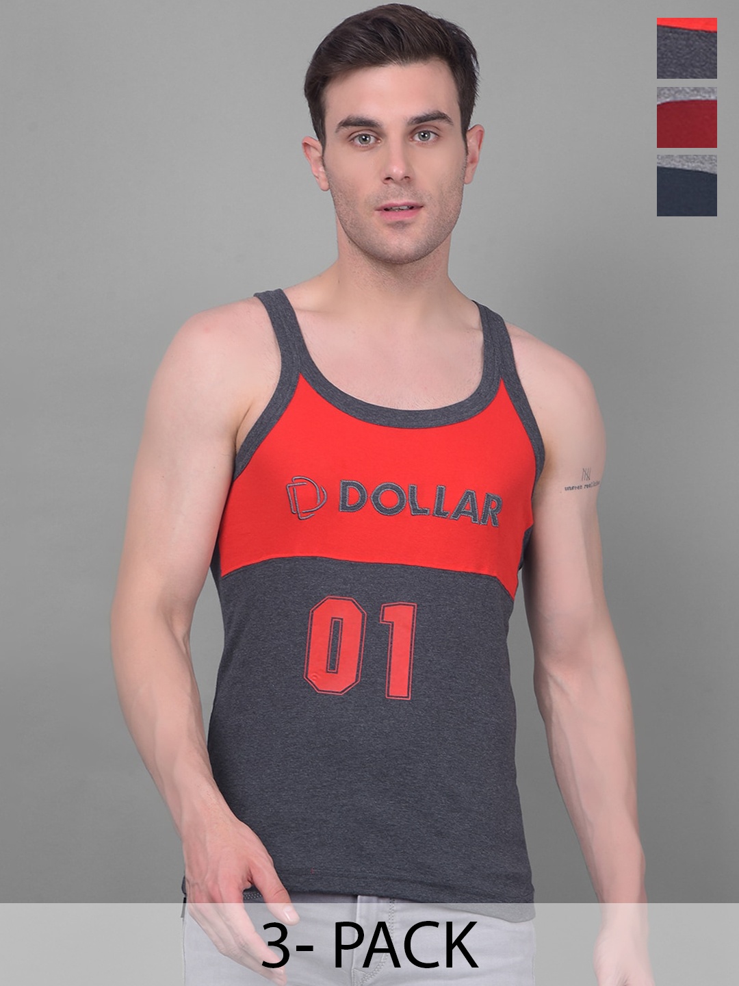 

Dollar Bigboss Men Solid Pack of 3 Cotton Racerback Styled Gym Vest, Navy blue