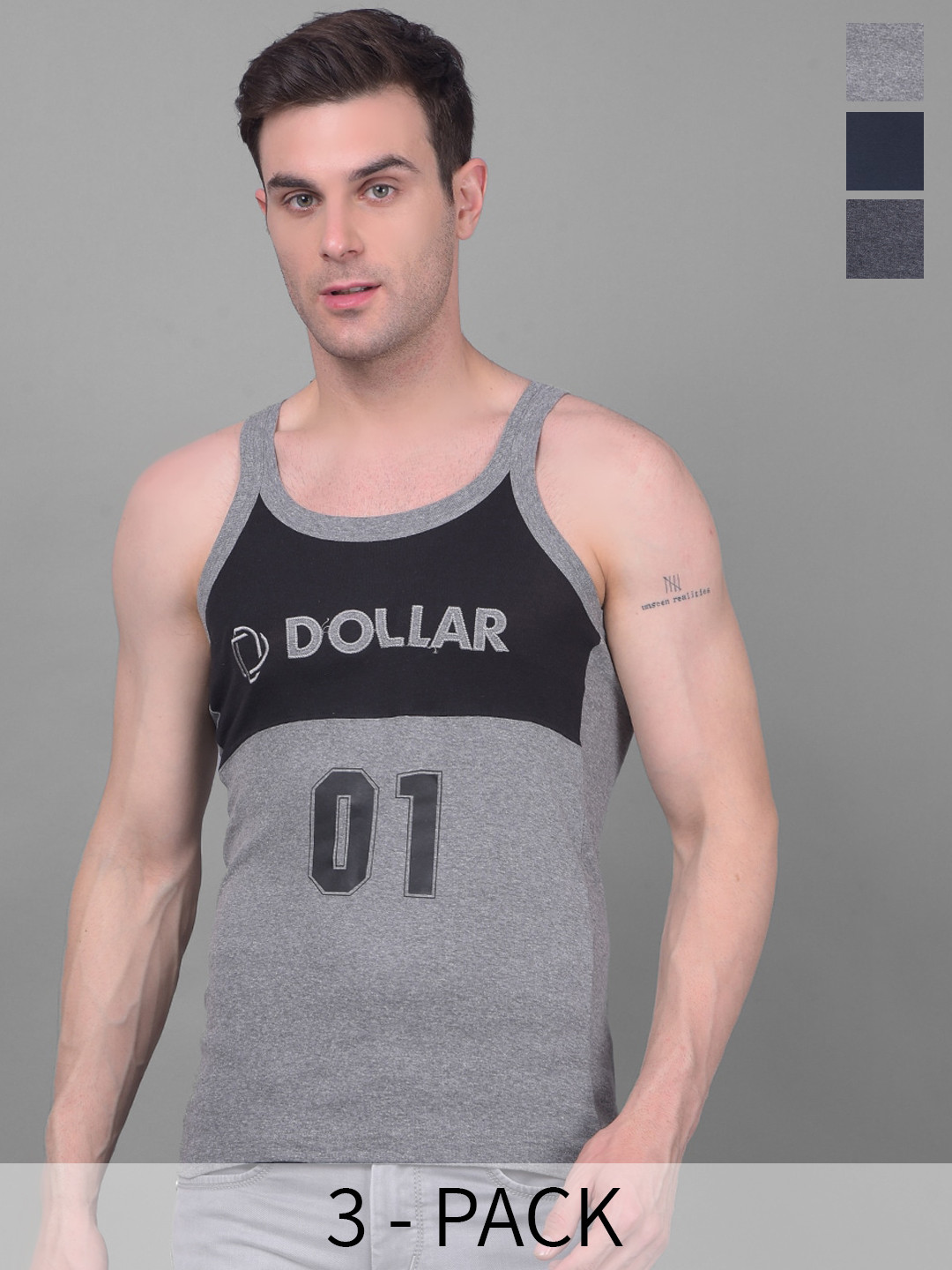 

Dollar Bigboss Pack of 3 Cotton Racerback Styled Gym Vest, Assorted