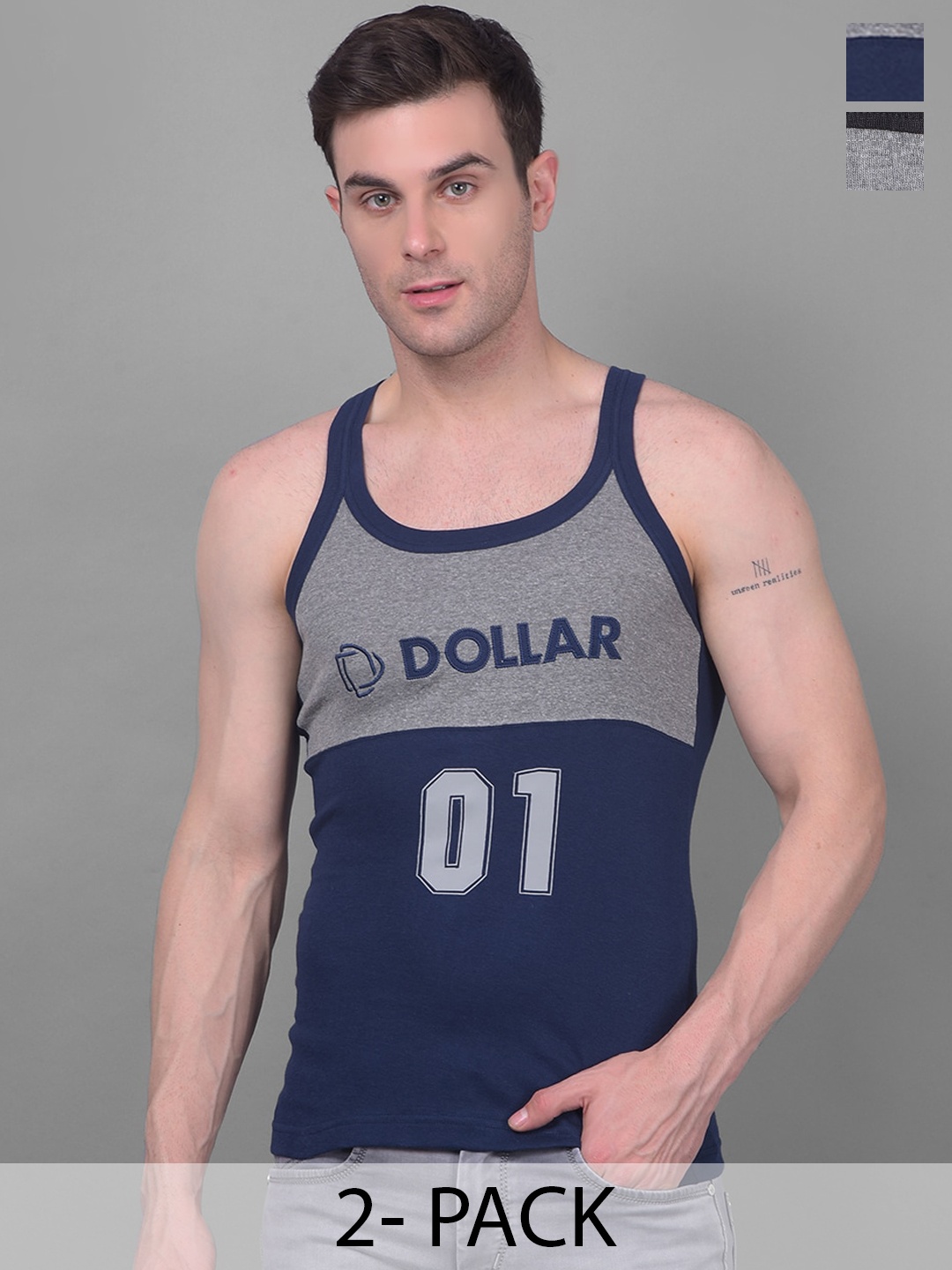 

Dollar Bigboss Men Solid Pack of 2 Cotton Racerback Styled Gym Vests, Assorted