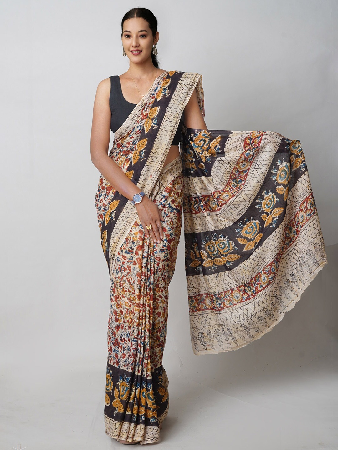 

Unnati Silks Kalamkari Handloom Chanderi Saree, Beige