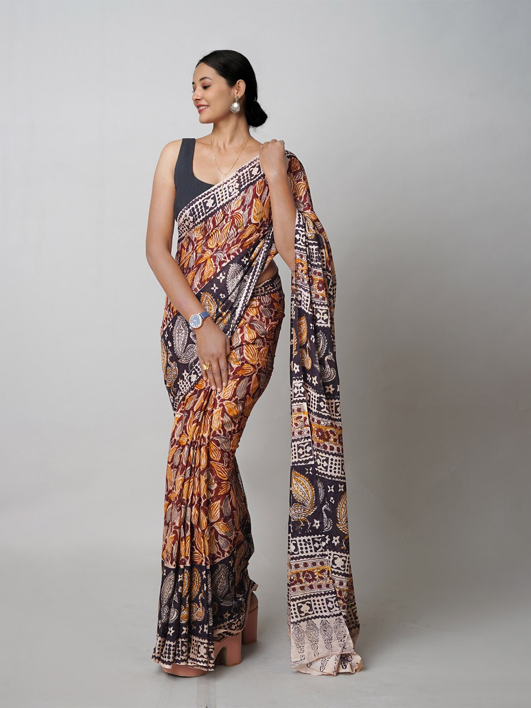 

Unnati Silks Kalamkari Handloom Chanderi Saree, Beige