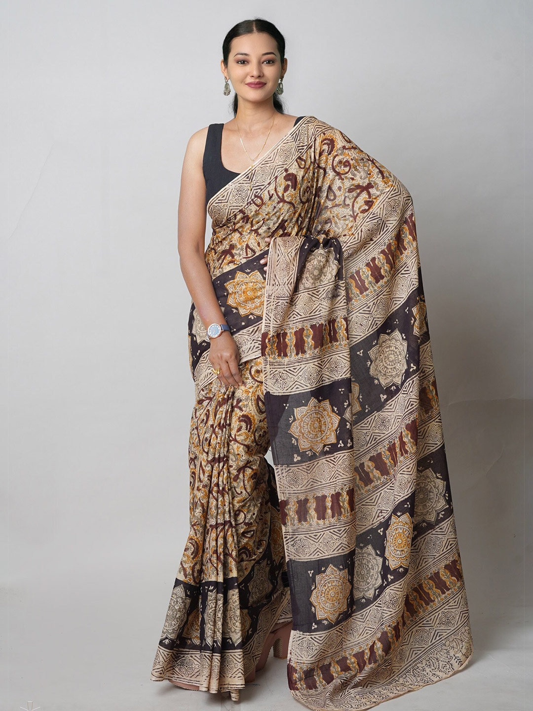 

Unnati Silks Kalamkari Handloom Chanderi Saree, Beige