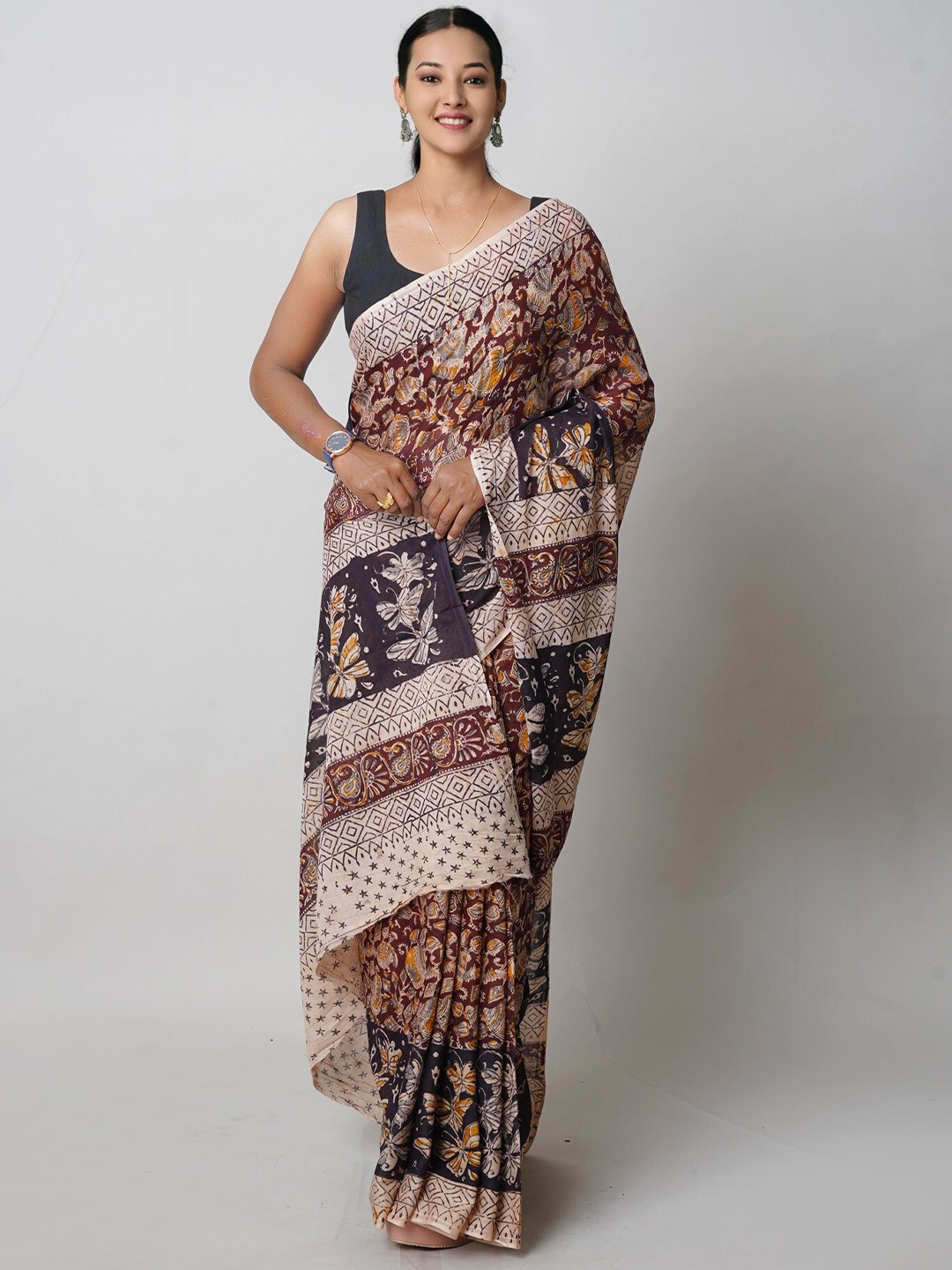 

Unnati Silks Kalamkari Handloom Chanderi Saree, Beige
