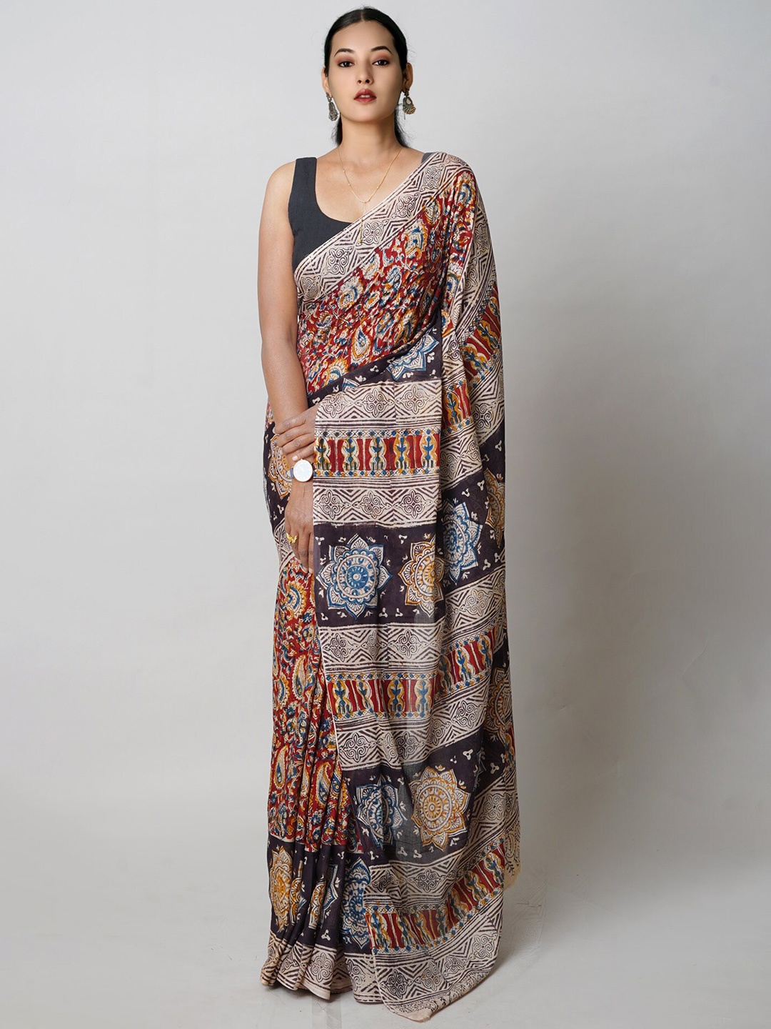 

Unnati Silks Kalamkari Printed Pure Cotton Handloom Chanderi Saree, Beige