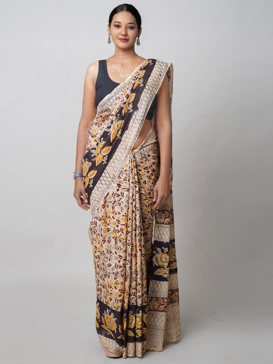 

Unnati Silks Kalamkari Printed Pure Cotton Handloom Chanderi Saree, Beige