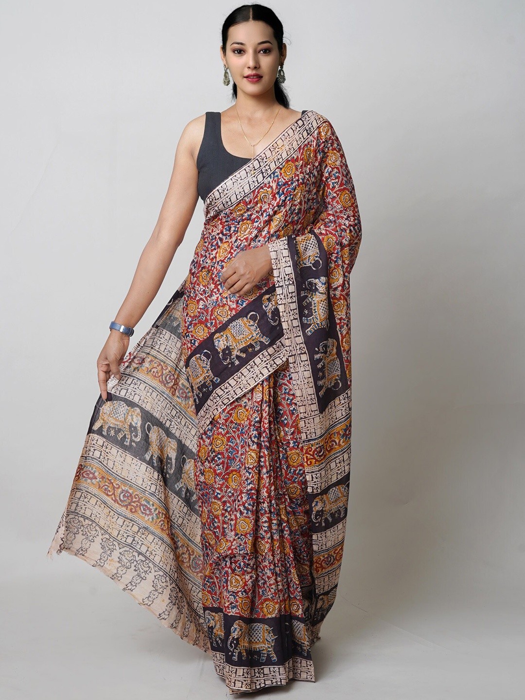 

Unnati Silks Kalamkari Printed Pure Cotton Handloom Chanderi Saree, Beige
