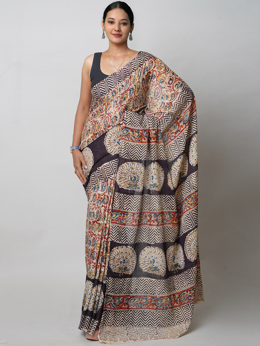 

Unnati Silks Kalamkari Printed Pure Cotton Handloom Chanderi Saree, Beige