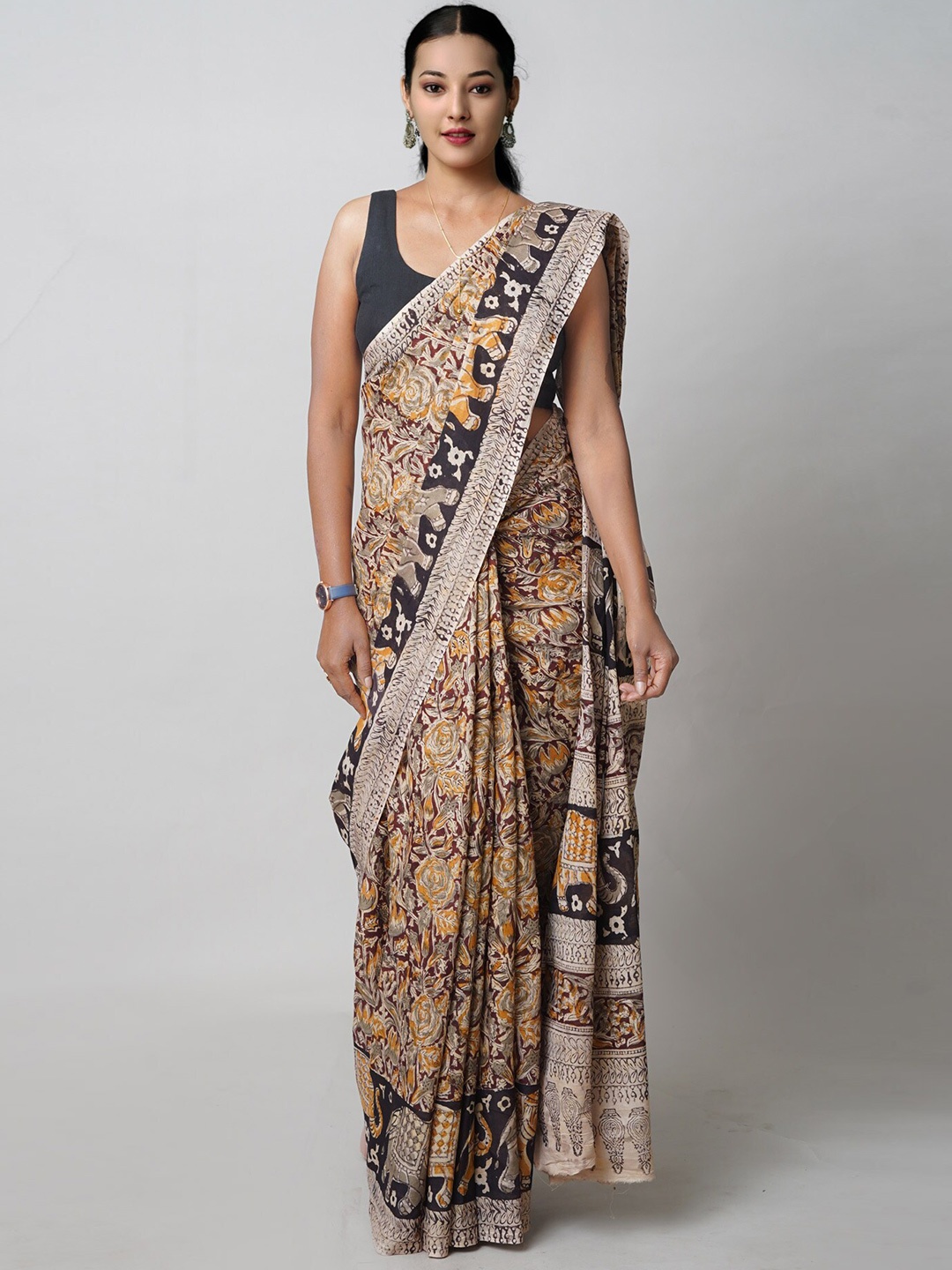 

Unnati Silks Kalamkari Printed Pure Cotton Handloom Chanderi Saree, Beige