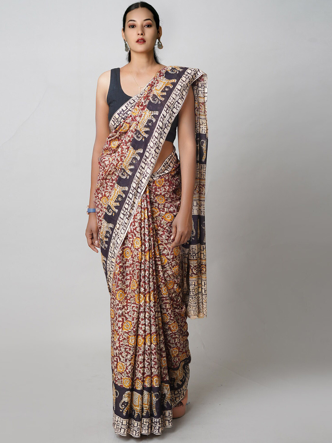 

Unnati Silks Kalamkari Printed Pure Cotton Handloom Chanderi Saree, Maroon