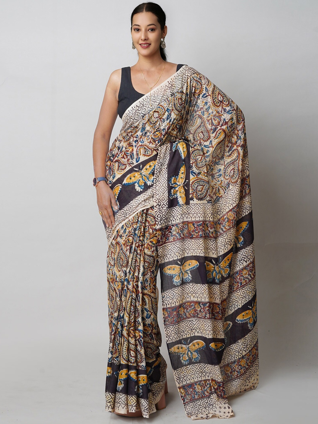 

Unnati Silks Kalamkari Printed Pure Cotton Handloom Chanderi Saree, Beige