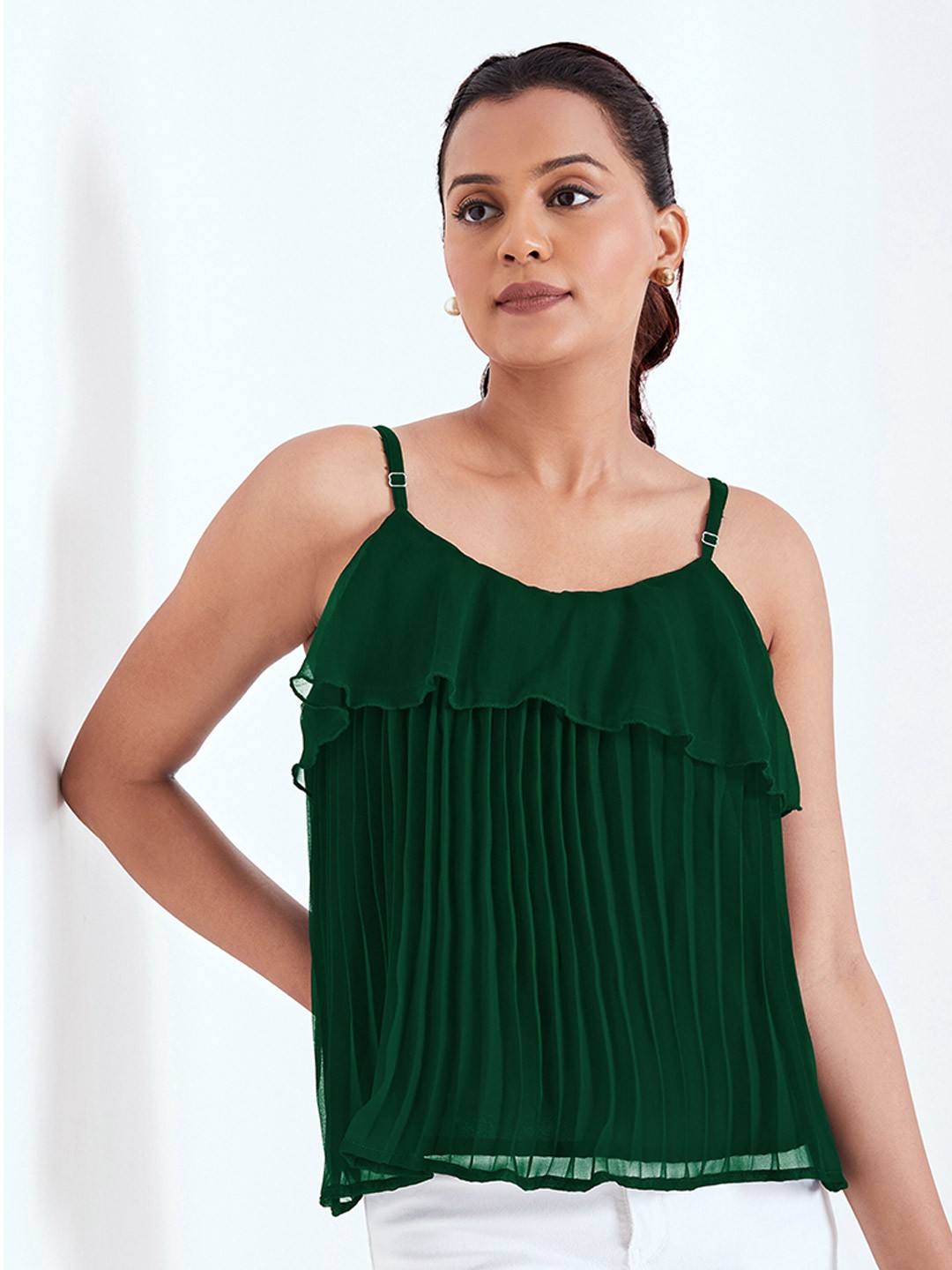 

BerryBird Shoulder Straps Ruffle Pleated Georgette Top, Green
