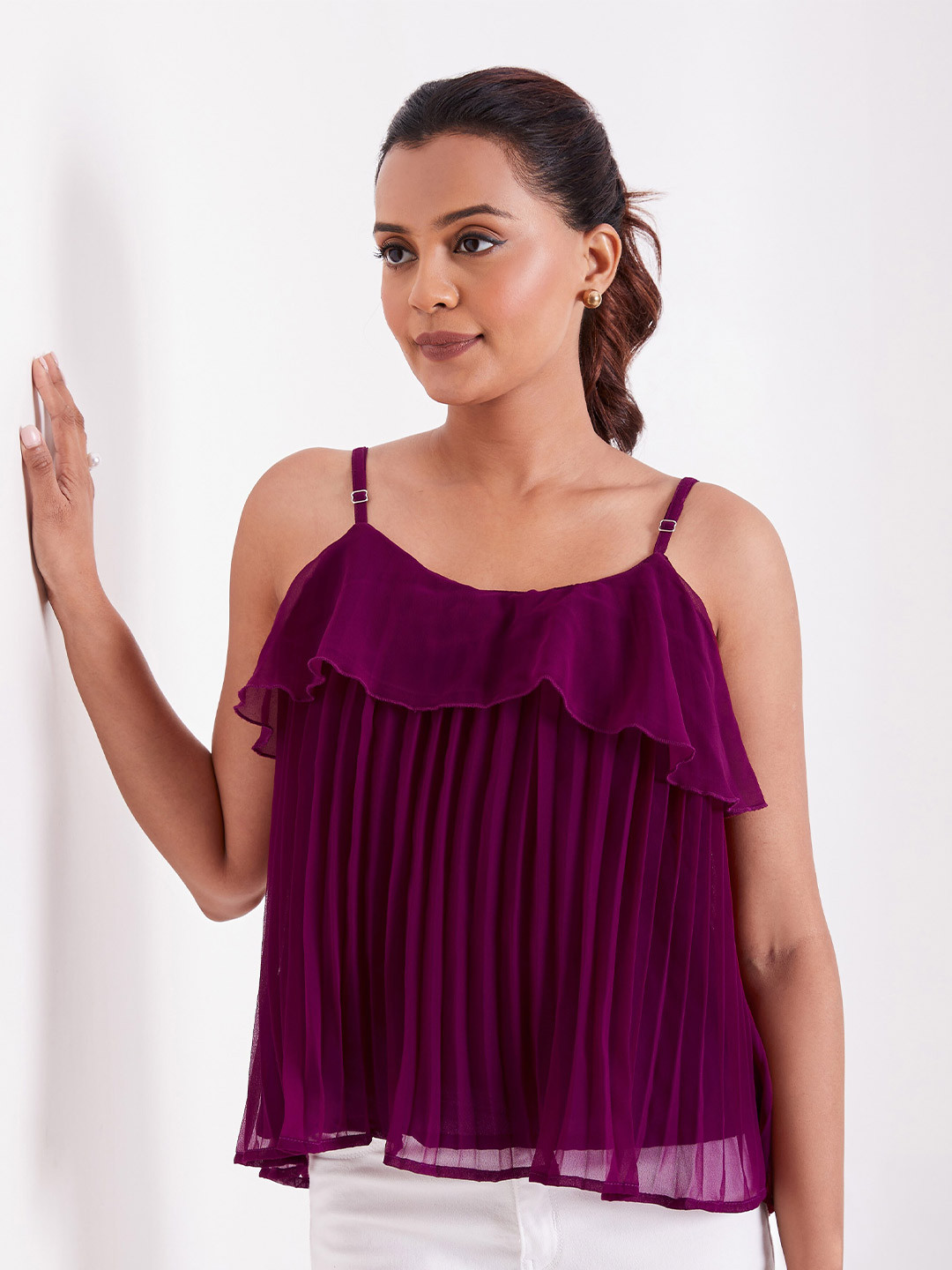 

BerryBird Shoulder Straps Ruffle Pleated Georgette Top, Purple