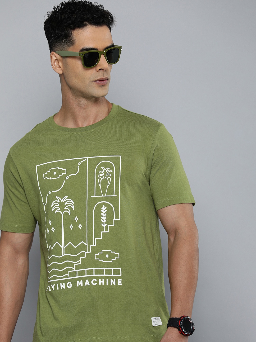 

Flying Machine Men Brand Logo Printed Pure Cotton T-shirt, Olive