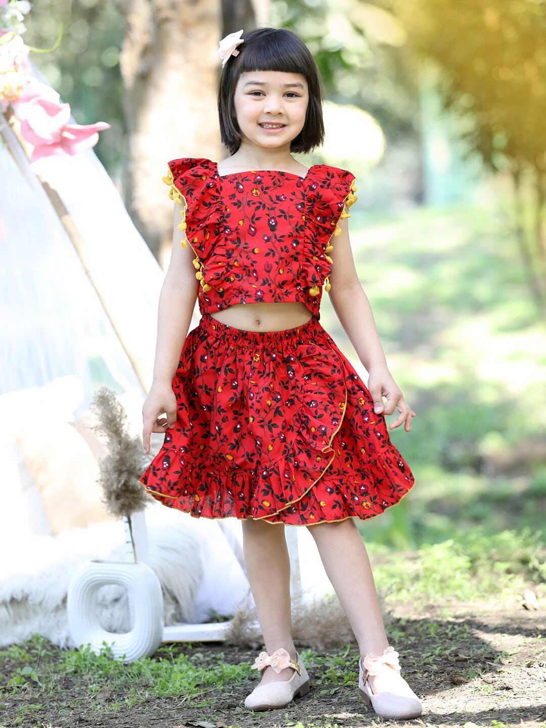 

Cutiekins Girls Printed Square Neck Crop Top with Skirt, Red