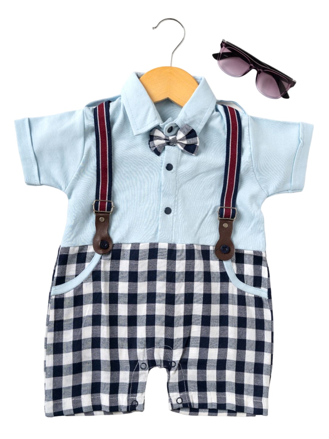 

BAESD Infant Boys Checked Organic Cotton Dungaree Style Rompers with Bow & Suspenders, Blue