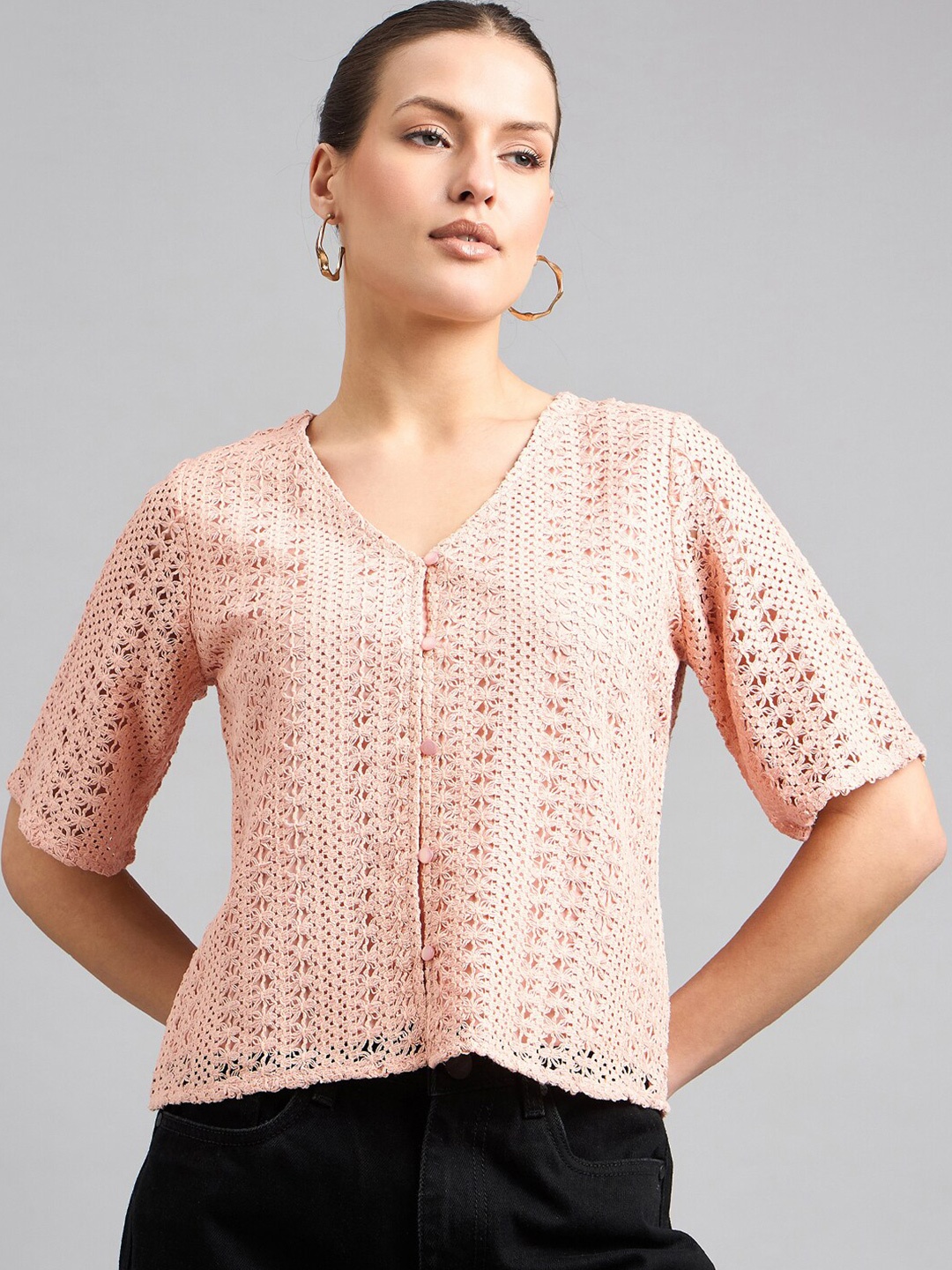 

Style Quotient Self Design V-Neck Cotton Top, Peach