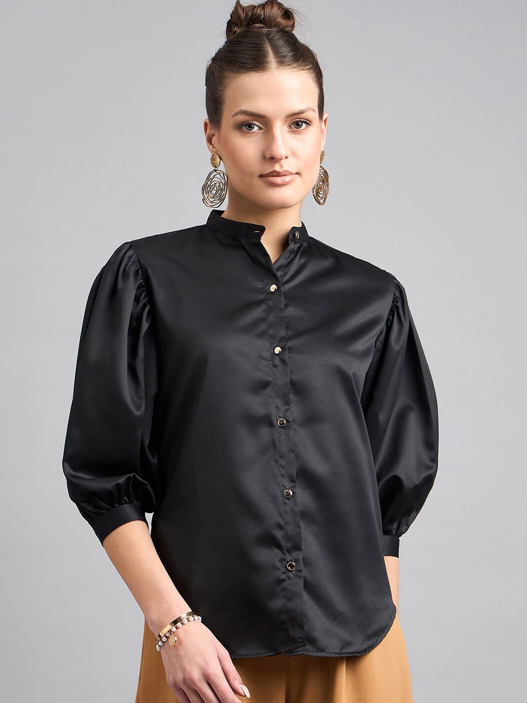 

Style Quotient Smart Fit Mandarin Collar Satin Casual Shirt, Black