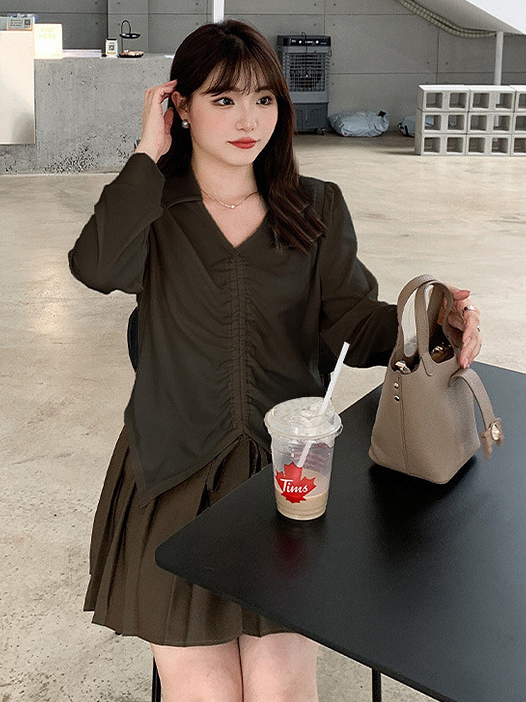 

LULU & SKY Shirt Style Top With Ruched Detail, Black