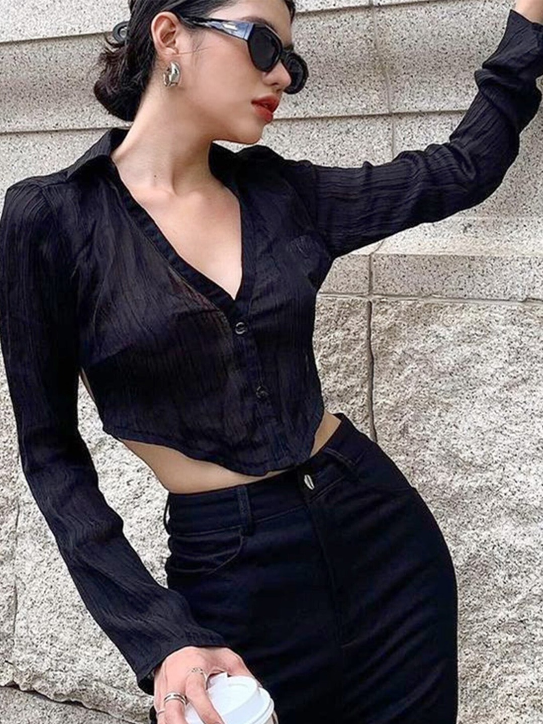 

LULU & SKY Shirt Style Crop Top, Black