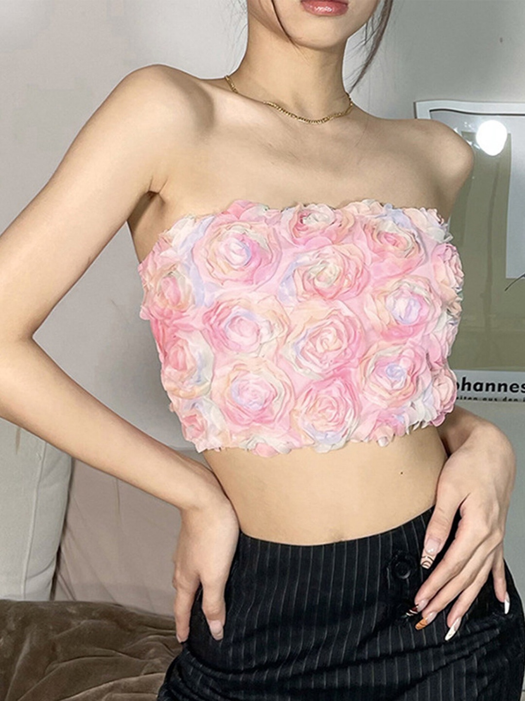 

LULU & SKY Floral Printed Tube Crop Top, Pink