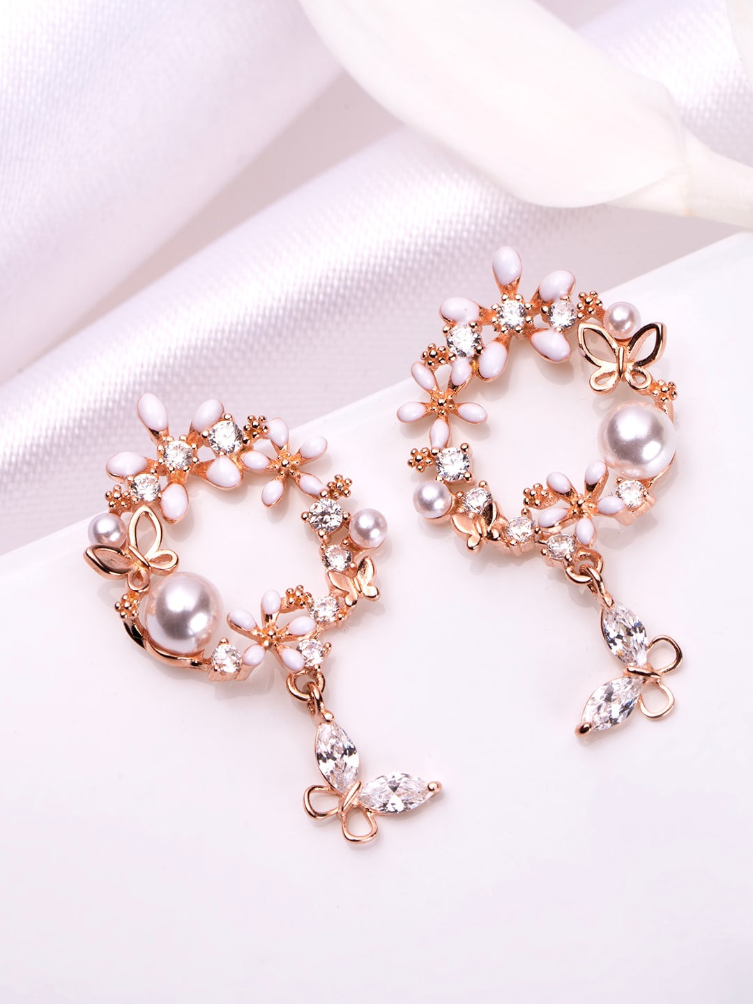 

Zavya 925 Pure Sterling Silver Rose Gold-Plated Stone-Studded Contemporary Drop Earrings