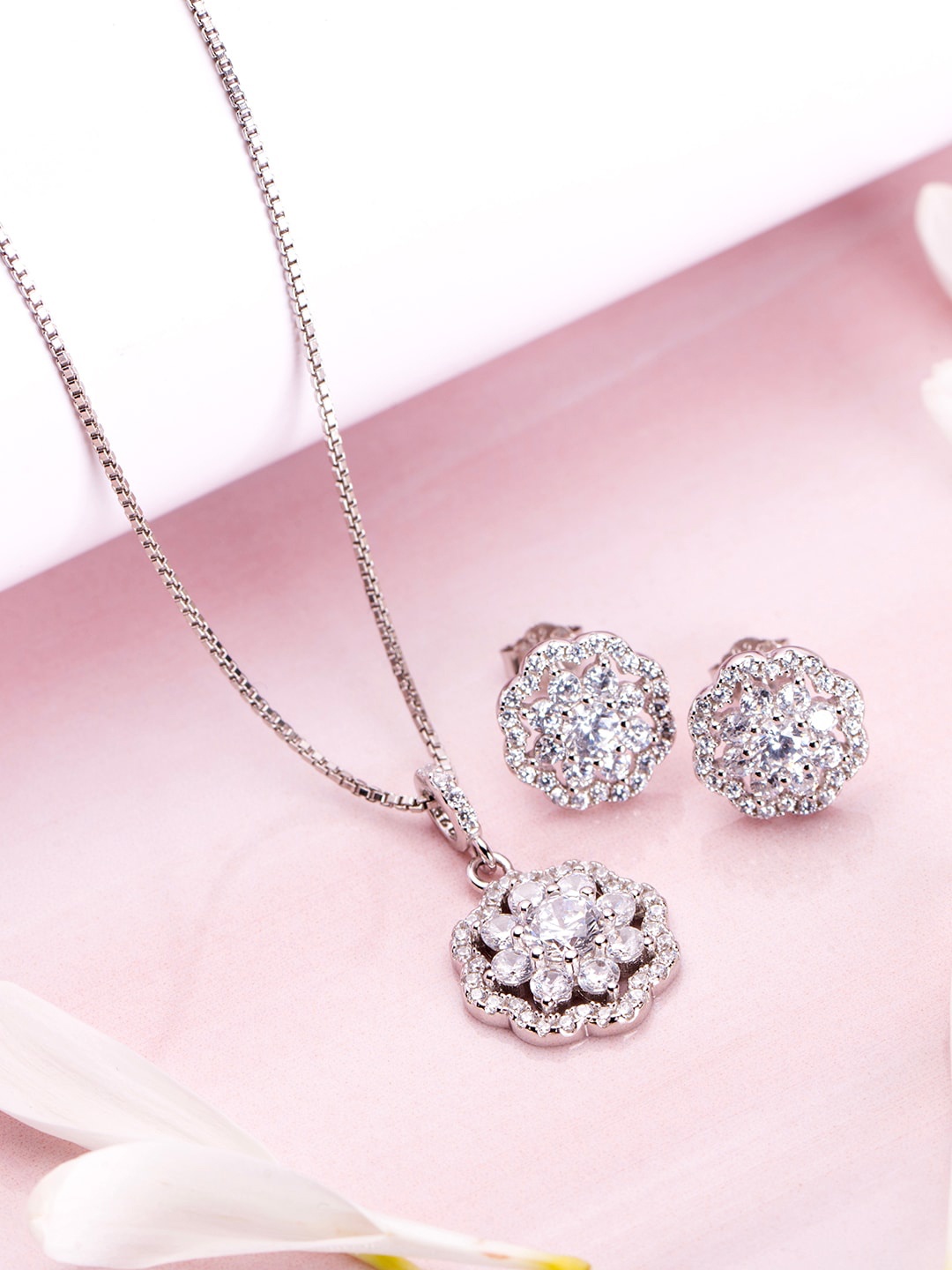 

Zavya Rhodium Plated 925 Pure Silver Cubic Zirconia Studded Pendant Set