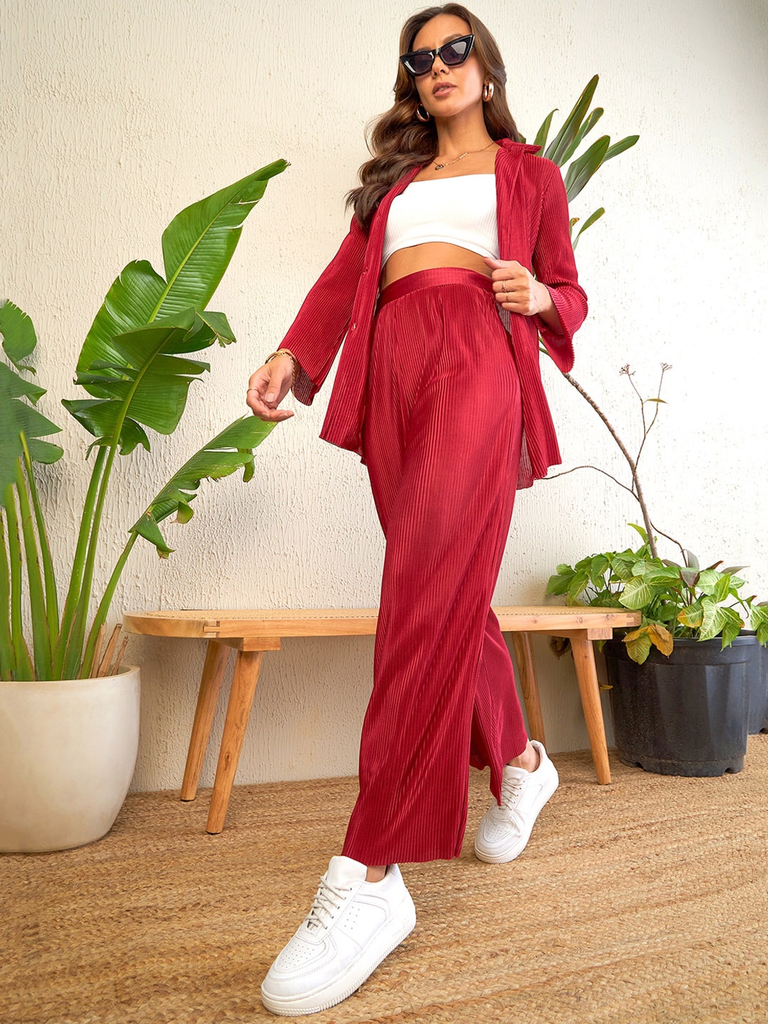 

Uptownie Two Piece Micro Pleated Shirt & Pants Co-ord set, Maroon