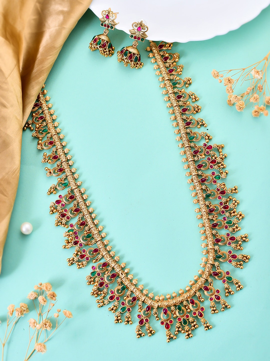 

Silvermerc Designs Gold-Plated Stone Studded Temple Jewellery Set