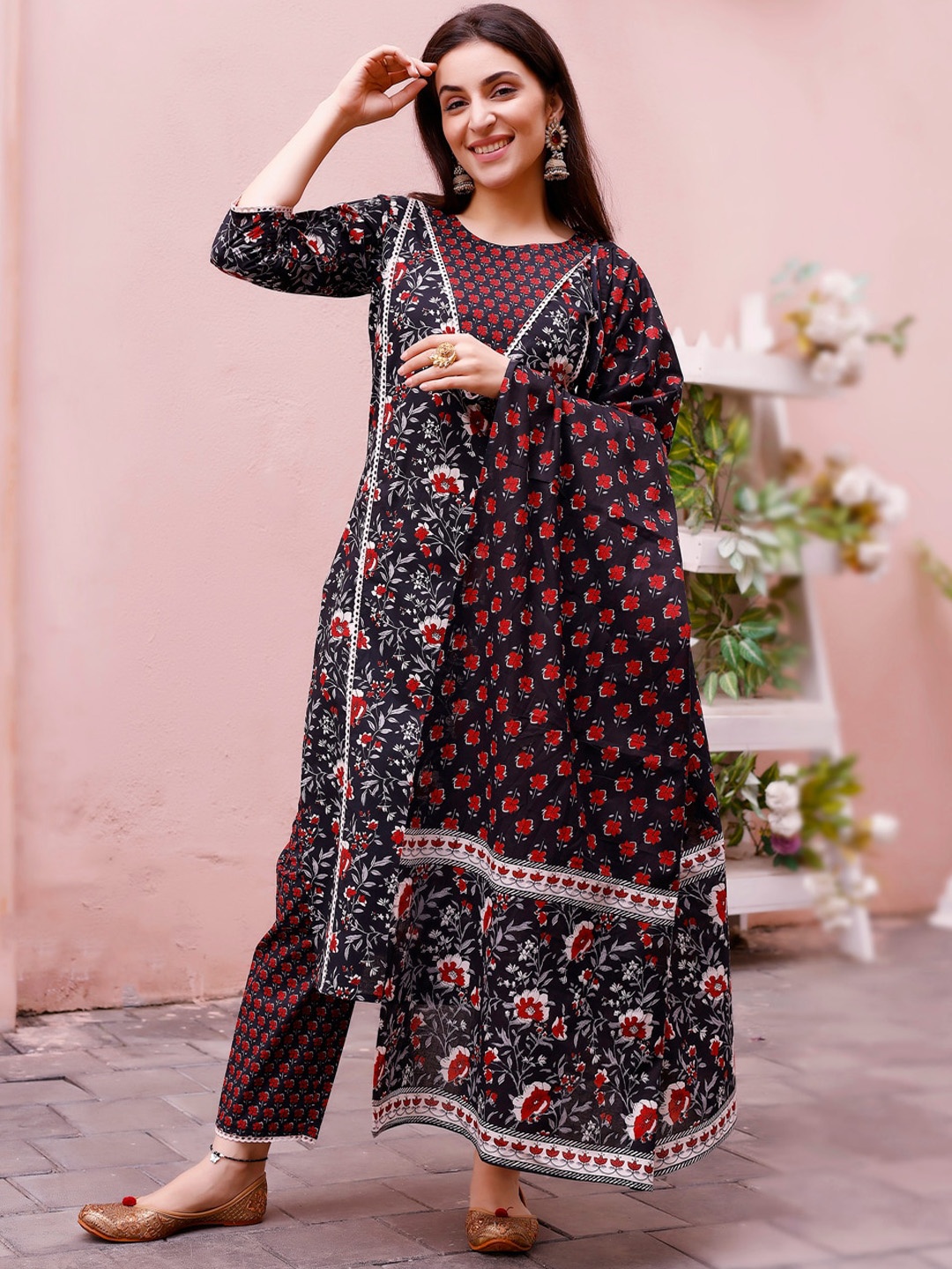 

KALINI Floral Printed Pure Cotton Kurta With Trousers & Dupatta, Black
