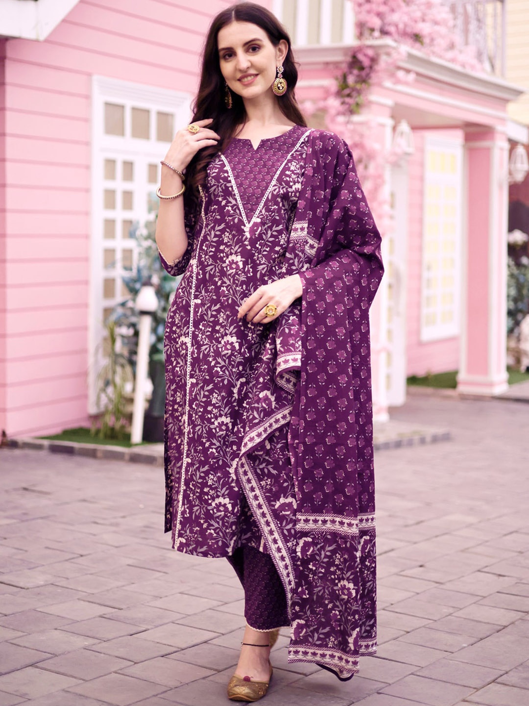 

KALINI Floral Printed Pure Cotton Kurta With Trousers & Dupatta, Purple