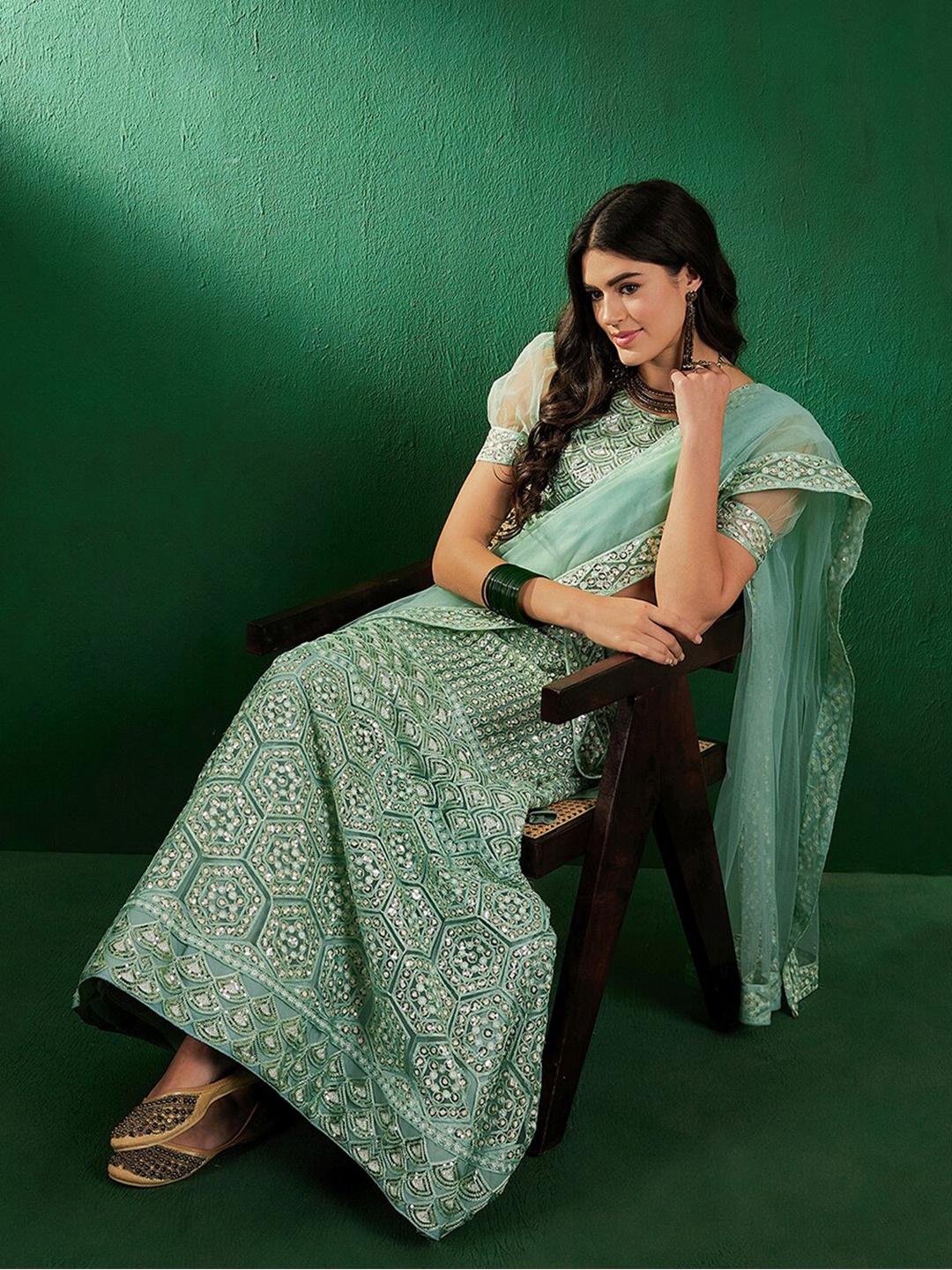 

Sangria Embroidered Sequined Net Semi-Stitched Lehenga Choli With Dupatta, Green
