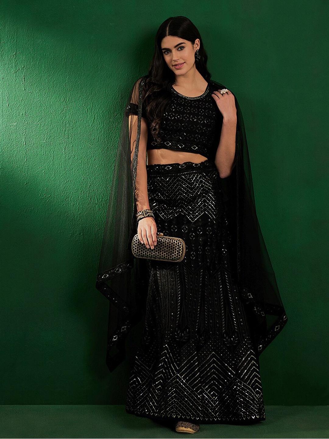 

Sangria Sequence Embroidered Semi-Stitched Lehenga Choli With Dupatta, Black