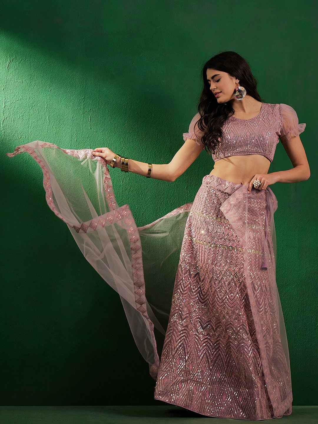 

Sangria Embroidered Sequined Net Semi-Stitched Lehenga Choli With Dupatta, Lavender