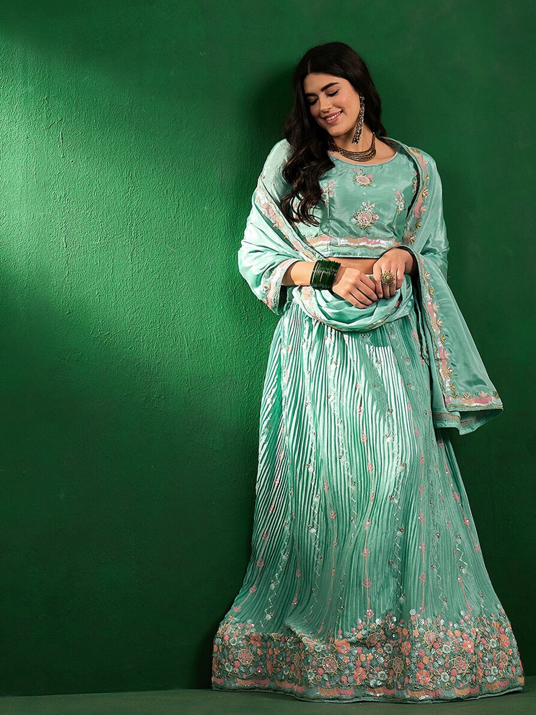 

Sangria Embroidered Silk Cancan Attached Lehenga Choli With Dupatta, Turquoise blue