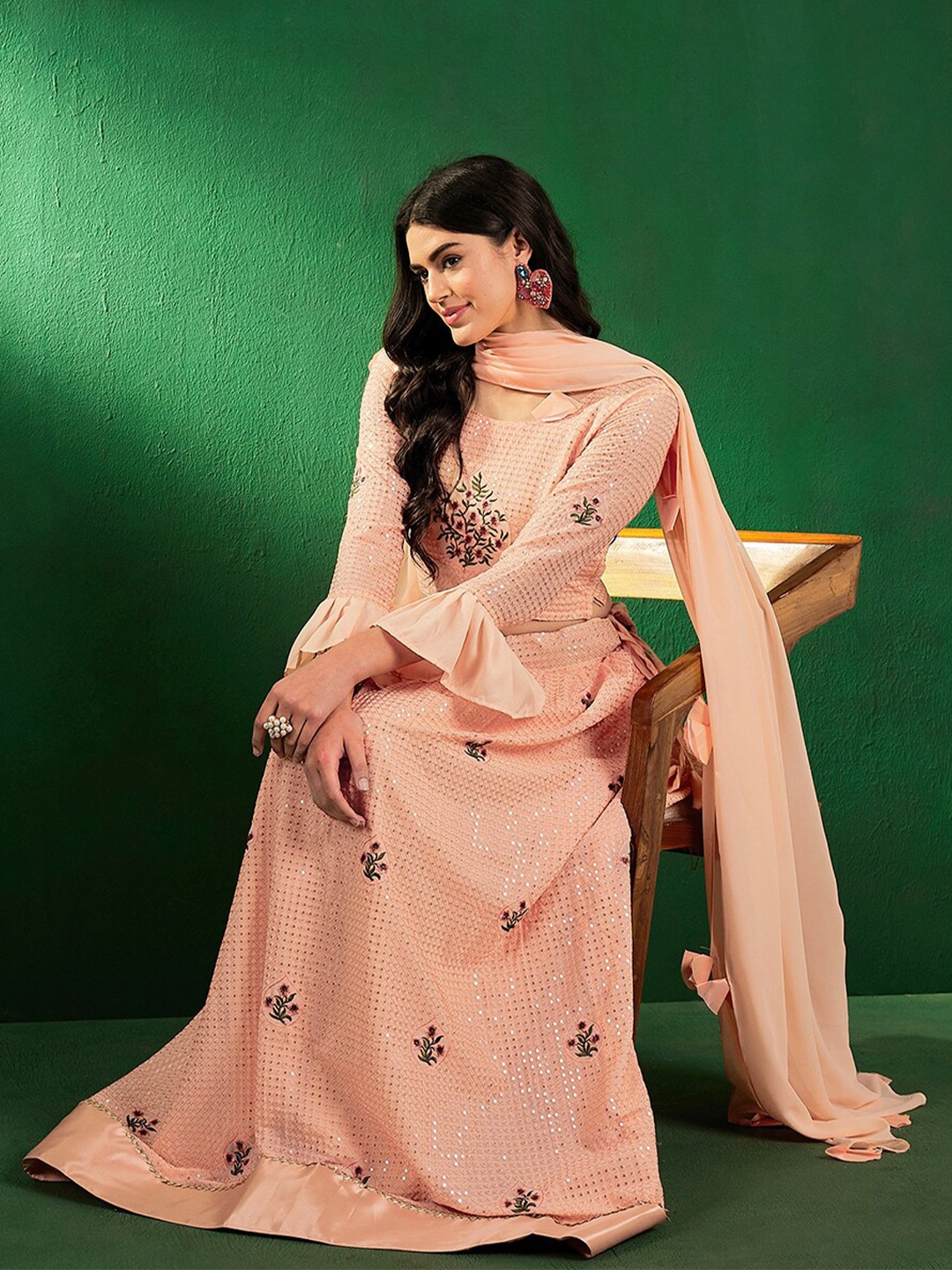 

Sangria Embroidered Sequinned Semi Stitched Lehenga Choli With Dupatta, Peach