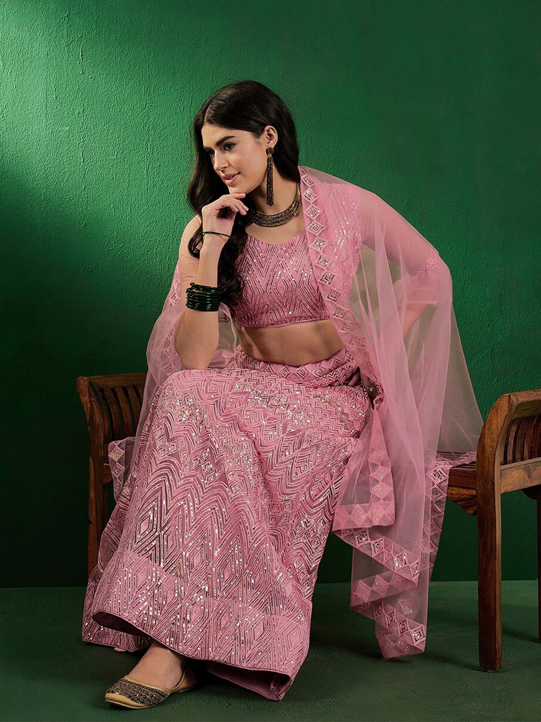 

Sangria Embroidered Sequinned Semi Stitched Lehenga Choli With Dupatta, Pink