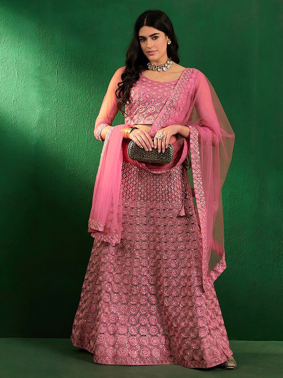 

Sangria Sequen Embroidered Semi-Stitched Lehenga Choli, Pink