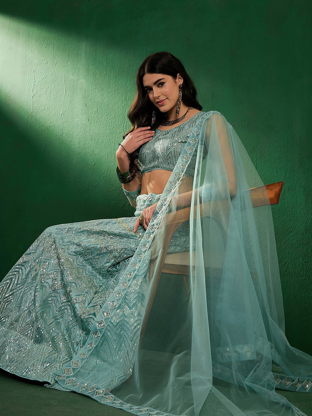 

Sangria Embroidered Sequined Net Semi-Stitched Lehenga Choli With Dupatta, Sea green