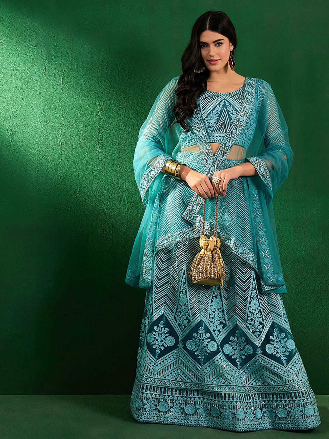 

Sangria Ethnic Motifs Embroidered Sequinned Net Semi-Stitched Lehenga Choli, Turquoise blue