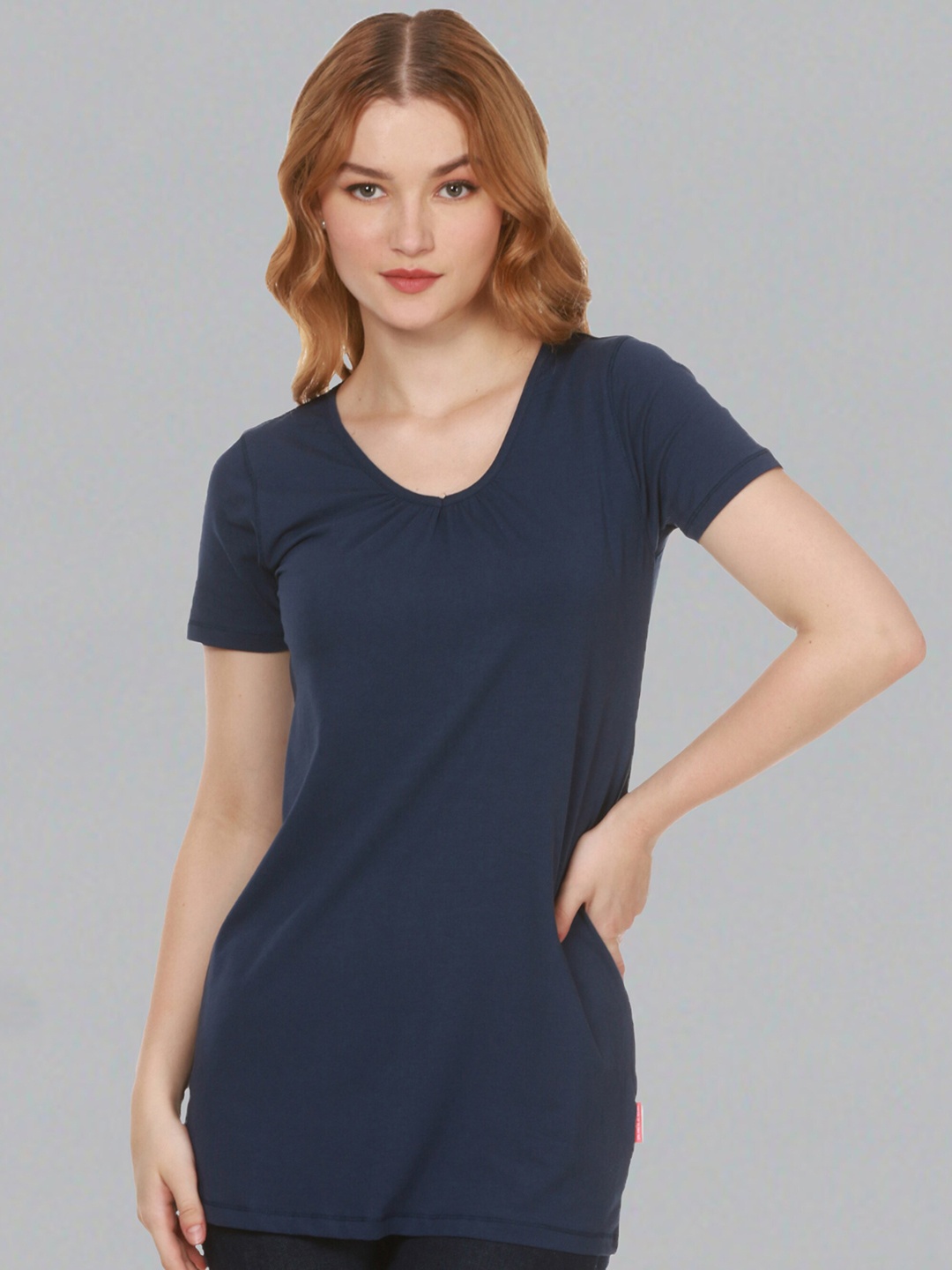 

Dream of Glory Inc V-Neck Pure Cotton Longline T-shirt, Navy blue