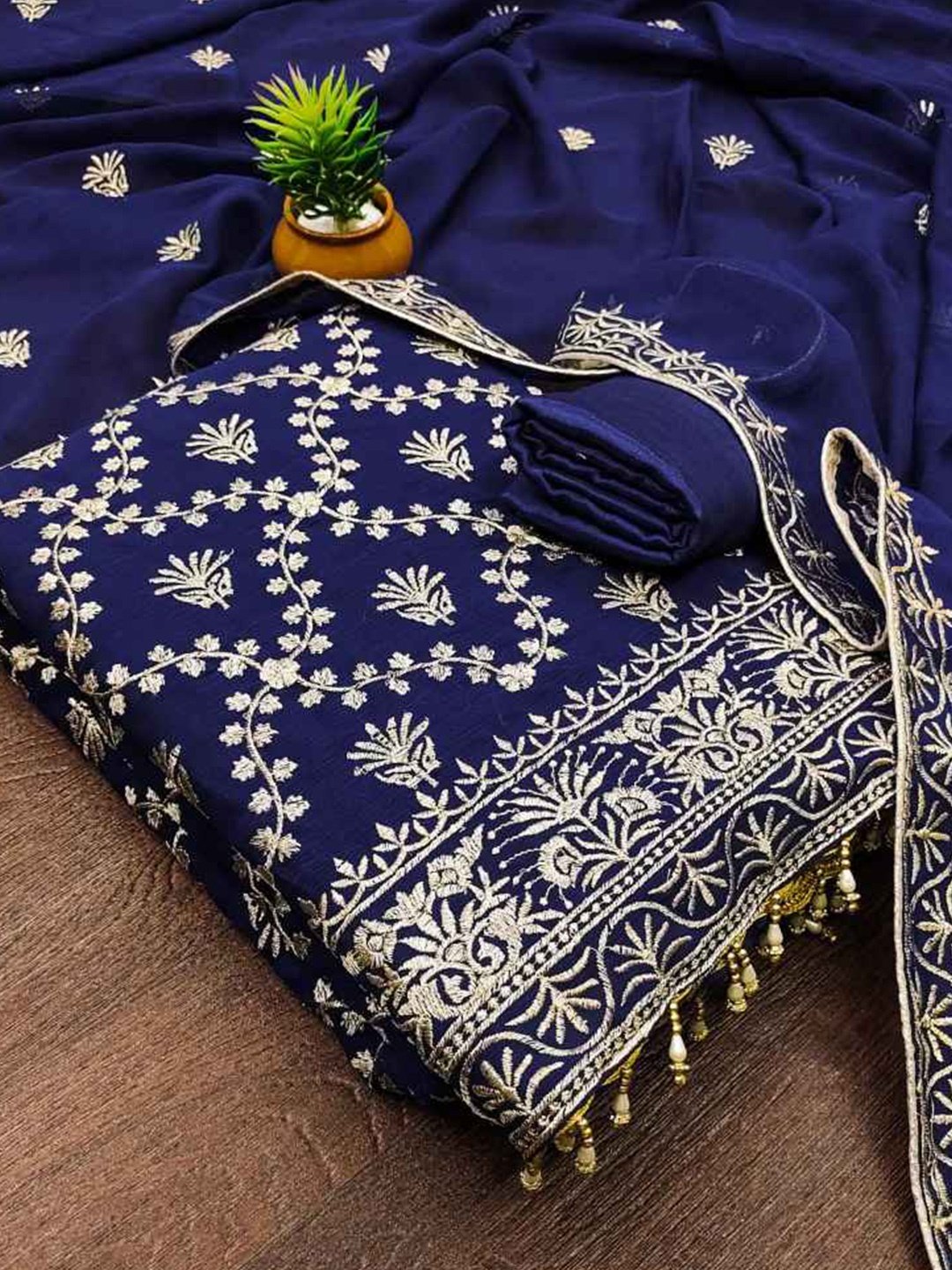 

faxofab Embroidered Unstitched Dress Material, Navy blue